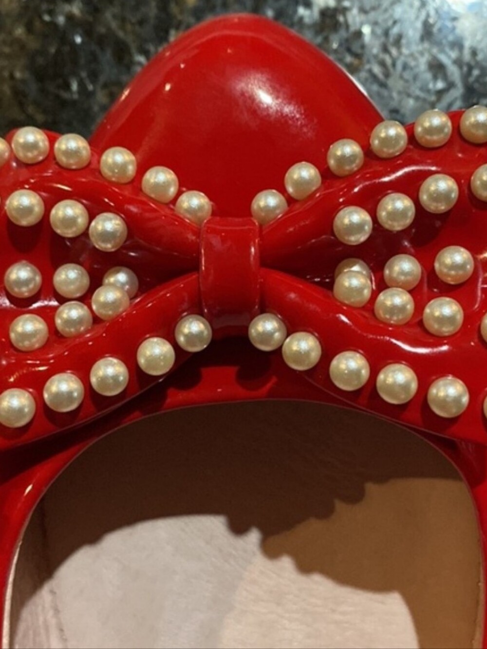 Pinup Couture | Ivy-09 Pointed Toe Flats with Pearl Bow- Red Patent - Picture 5 of 10